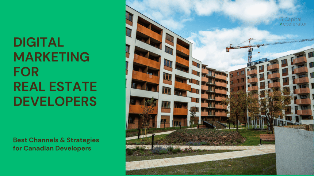 Promotional graphic featuring modern apartment buildings, a construction crane, and text about real estate marketing.
