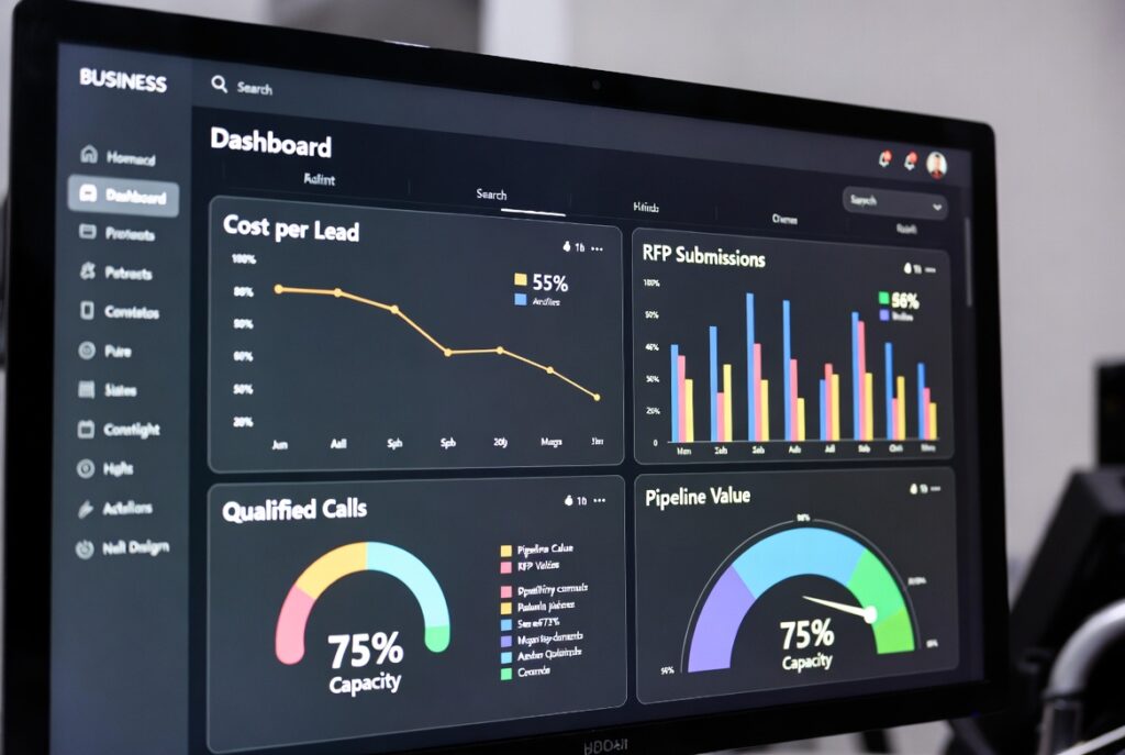 Digital marketing analytics dashboard tracking construction leads and pipeline value