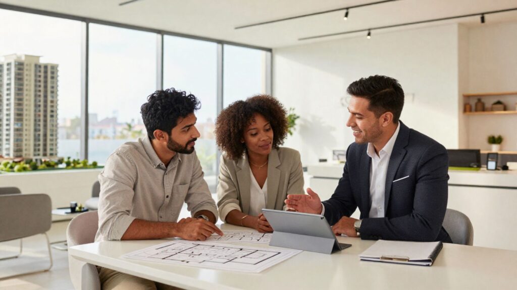 Real estate buyers in consideration stage reviewing project details with GTA developer