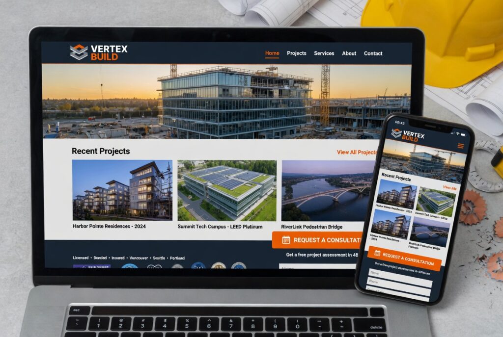 Mobile-friendly construction company website designed for lead generation